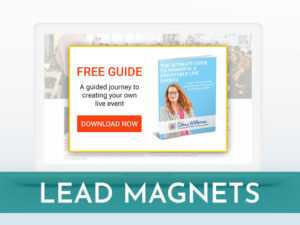 Image of a white laptop with a pop-up display with Lead Magnets written in white on a teal overlay