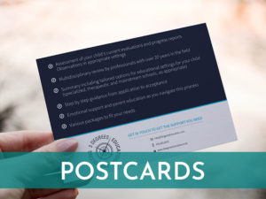 Image of hand holding a postcard I designed with the word Postcard written in white on a teal overlay
