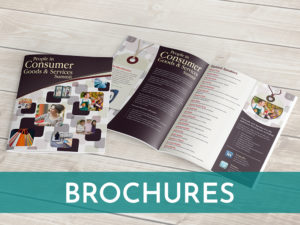 Image that says Brochures in a teal box overlay with sample brochure in background