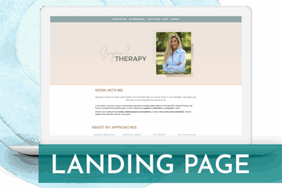 Laptop mockup of therapist's website with the words "landing page" overlaid in white text